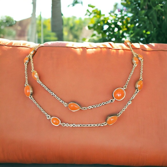 Banana Republic Orange & Silver Tone Cabochon Beaded Station Necklace Plastic - Picture 4 of 4
